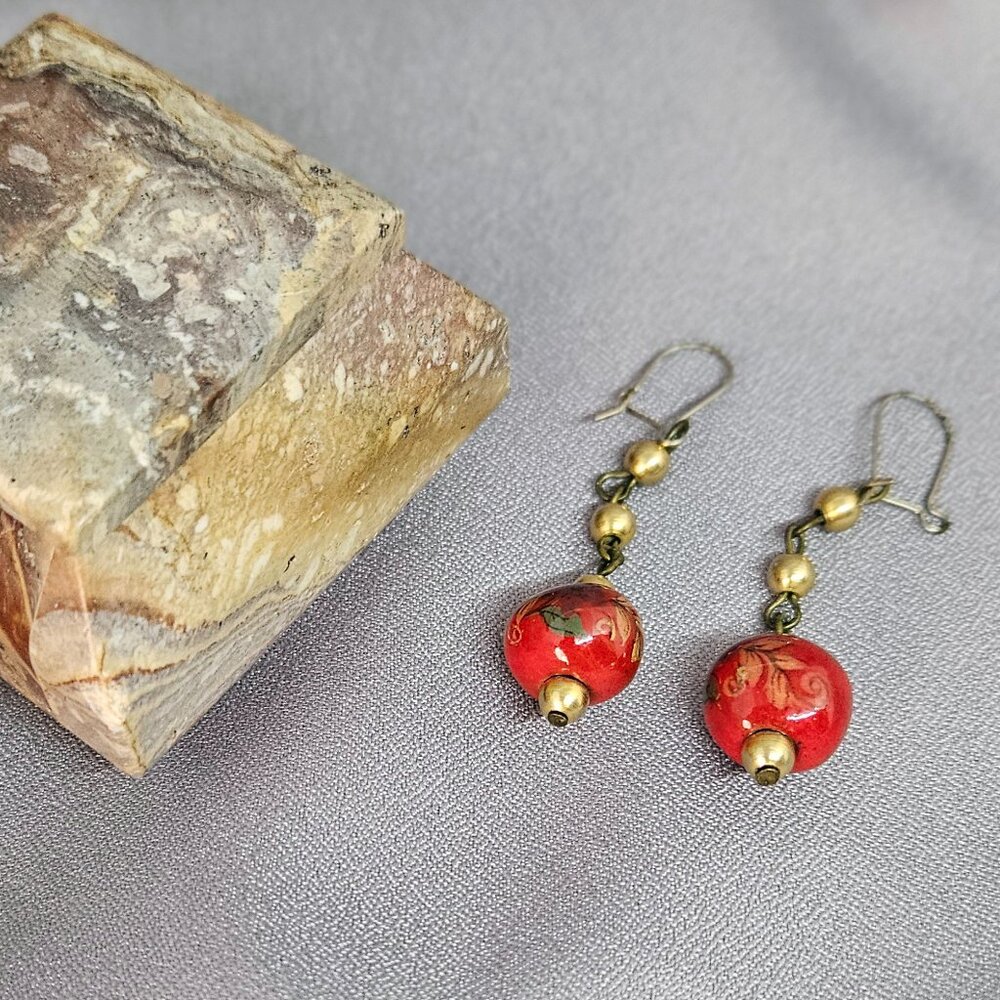 Red Ceramic Beaded Earrings, w/ Flower Design, & gold tone accent beads - 2"